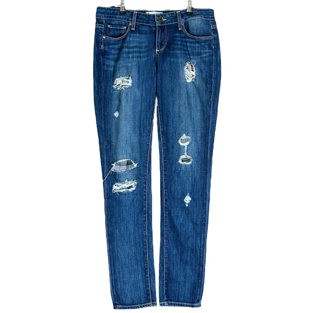 Paige Jeans Women Size 26 Blue Jimmy Jimmy Skinny Plaid Patched Distressed Denim